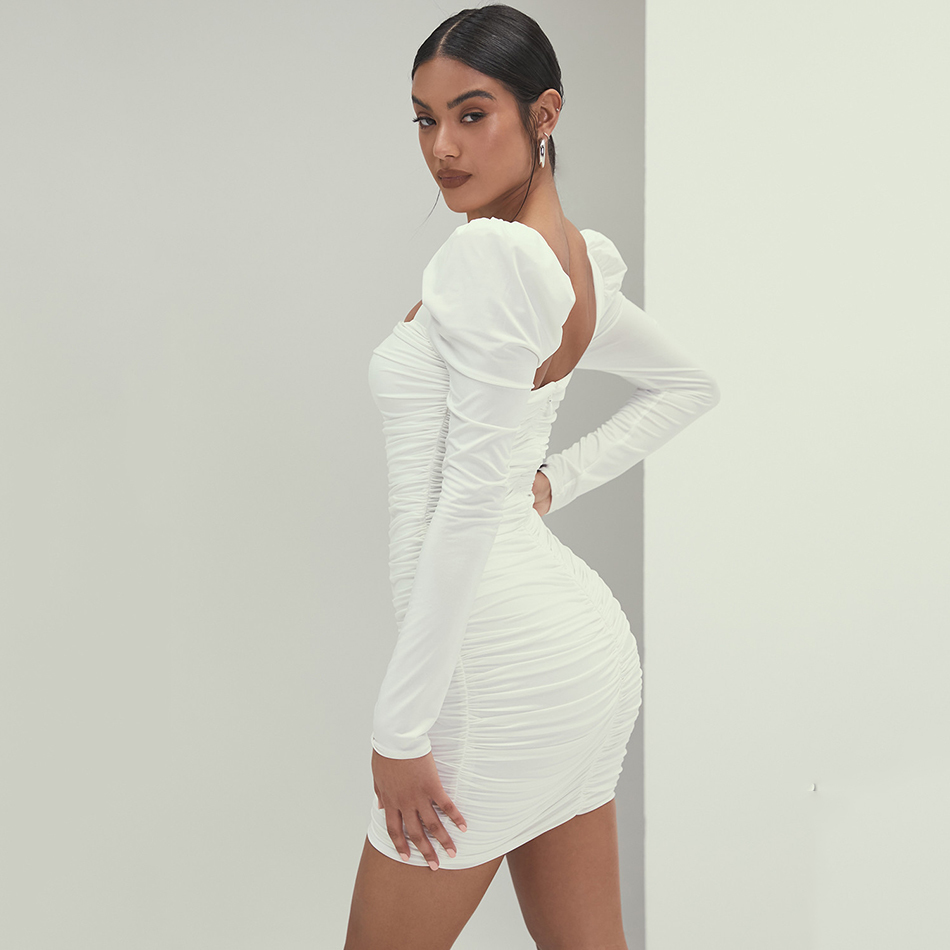 Solid Basic Slim Packaging for Summer Square Neck Puff Sleeve Sexy Dress Ruffle Mini Club Party Bodycon Women 210525