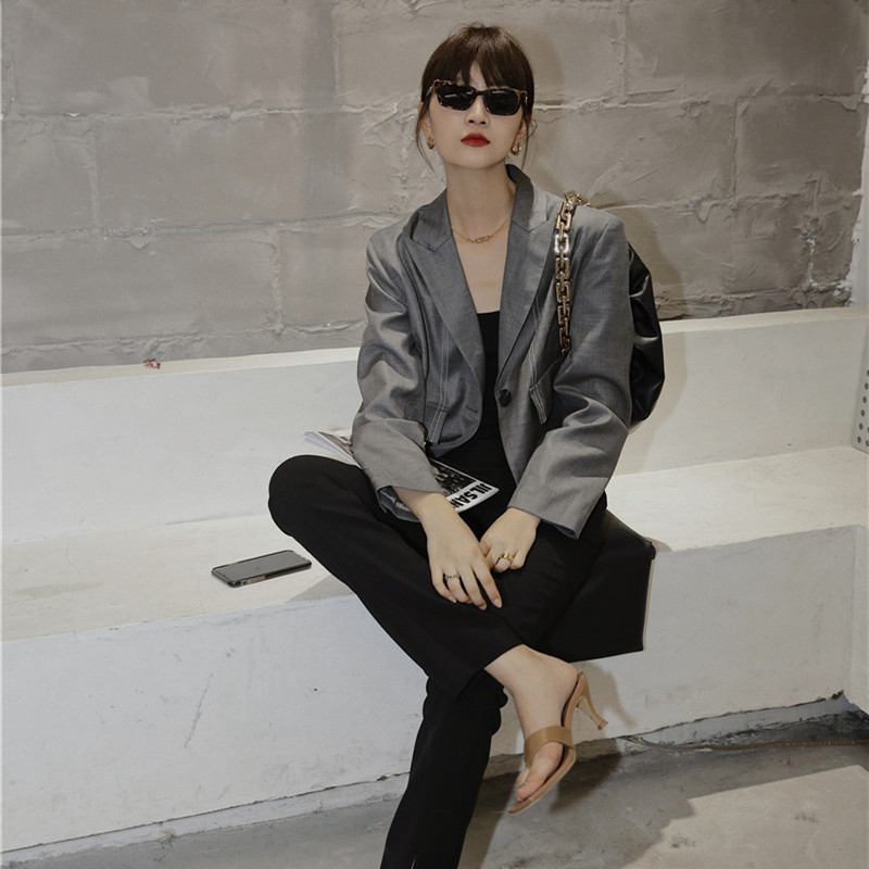 Grey Cropped Blazer Women Autumn Contrast Stitch Ladies Jacket Lapel Single Brested Short Coat Fashion 210427