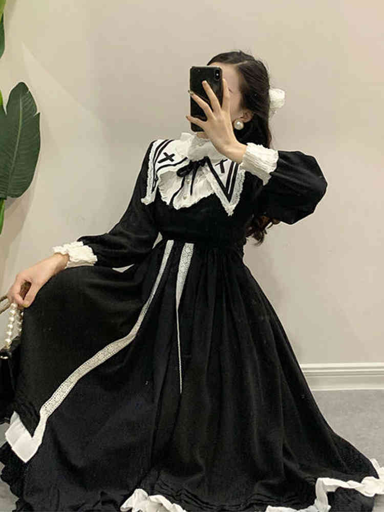 Black Vintage Dress Women French Elegant Gothic Lolita Dress Female Lace Long Sleeve Stand Evening Party Dress Korea Autumn 210521