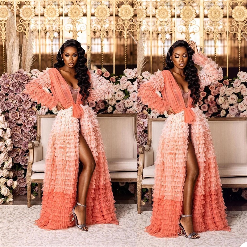 Designer Pink Evening Dresses Tiered Pleats Tulle Summer V Neck Long Sleeves Custom Made Prom Gown Formal Party Occasion Wear Sleepwear Robes