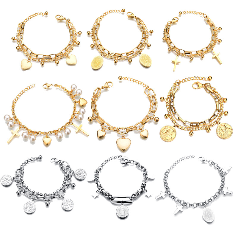Mixed Style Double Layered Stainless Steel Chain Bracelet Gold Silver Luxury Brand Female Cross Heart Pendant Charm Bracelet Jewelry
Mixed Style Double Layered Stainless Steel Chain Bracelet Gold Silver Luxury Brand Female Cross Heart Pendant Charm Bracelet Jewelry