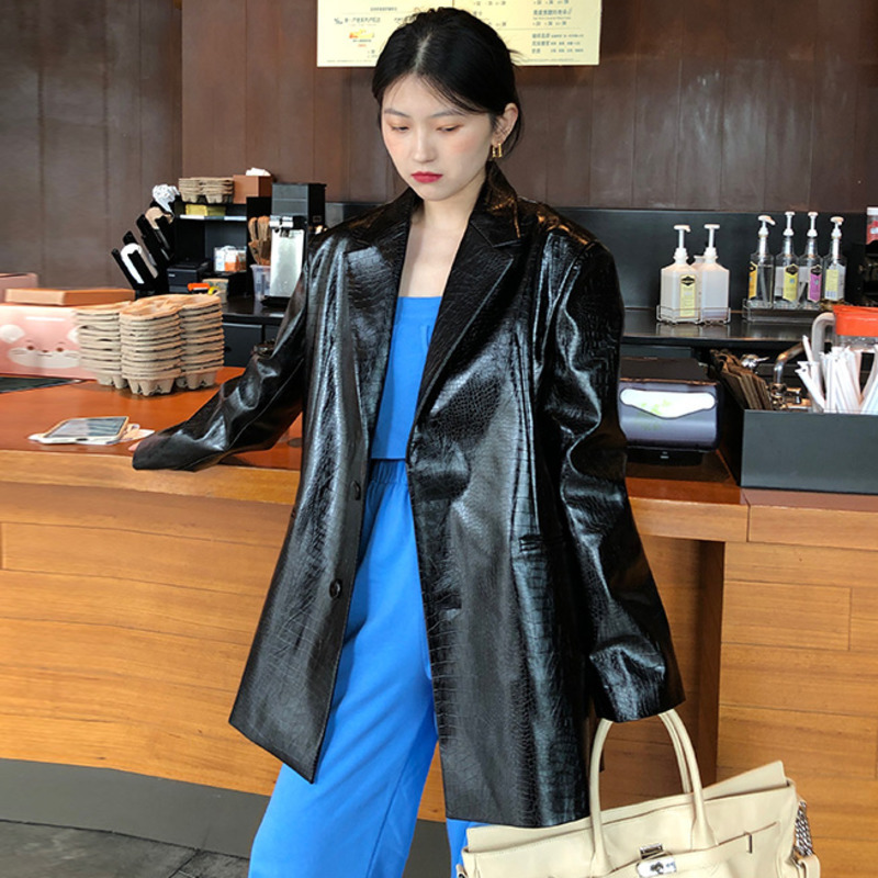 Autumn Leather Jacket Women PU Slim Coats Ladies Clothing Crocodile Pattern Suit Loose Coat ZA5817 210427
