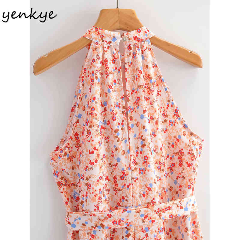 YENKYE Floral Print Halter Dress Women Sleeveless Free Belt Holiday Summer Beach Dress Female A-line Midi Casual Vestido 210515