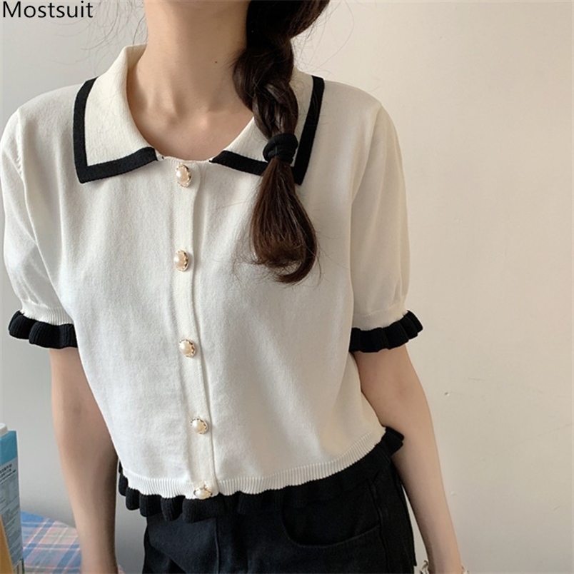 Summer Fashion Tops Women Elegant Vintage Thin Knitted T-shirt Korean Single-breasted Tshirt With Pockets Ropa Mujer 210513