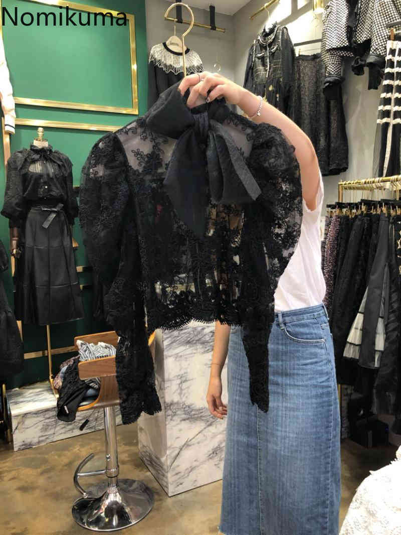 Nomikuma Sexy Lace Shirt Bow Tie Collar Puff Long Sleeve Shirt Autumn Winter Korean Perspective Blusas Mujer De Moda 6D467 210427
