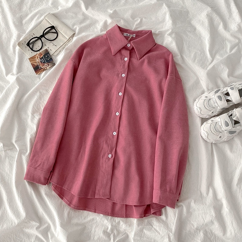 Spring Autumn Thick Shirt Women's Fashion Polo Collar Loose Oversize Blouses Vintage Long Sleeve Single Breasted Female Tops 210317