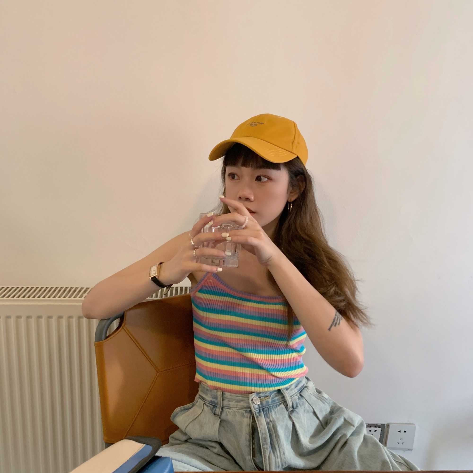 Rainbow Striped Camisole Women Summer Knitted Sleeveless Slim Tank Tops Sexy Basic Chic Colorful Crop Top Streetwear Camis 210625