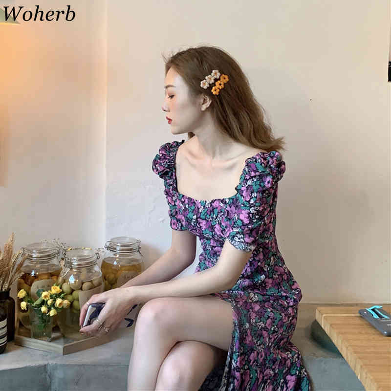 Elengant Floral Chic Printing Dress Women Square Collar Purple Dresses All Match Short Sleeves Korean Split Vestidos 210519