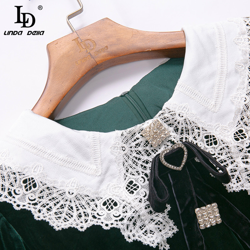 Autumn Fashion Runway Velvet Dress Women Long Sleeve Lace Collar Ruffles A Line Party Elegant vestidos 210522