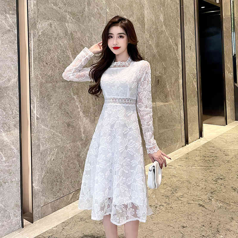 Spring Fashion Flower Lace Embroidery Midi Dress Sweet Women Long Sleeve White Casual Slim Party Dresses Robe Vestidos 210519