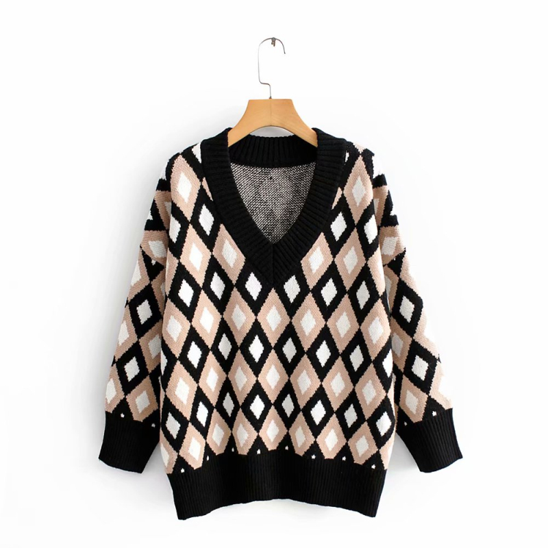 Vintage Woman Rhombus Plaid V Neck Sweater Fashion Ladies Autumn Oversized Knitted Tops Female Chic Soft Sweaters 210515