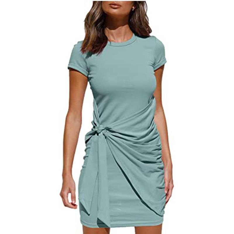 Office Ladies Knotted Ruched Irregular Dress Belt Tshirt Mini Pleated Cotton Short Dresses For Women Casual Outfit Femme Summer