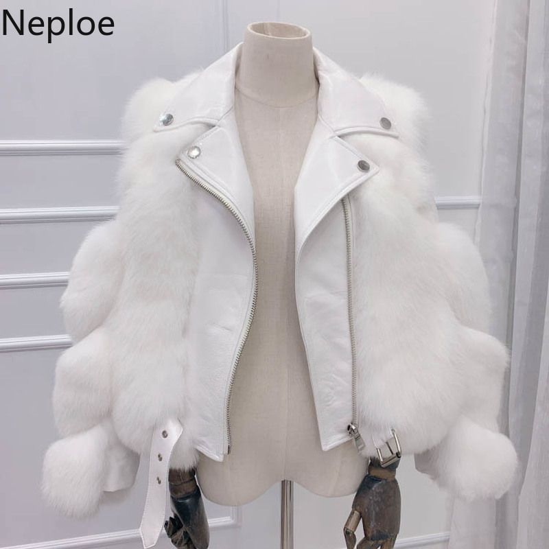 Neploe Autumn Winter Clothes Woman Jacket Faux Fox Fur Patchwork PU Coat Women Streetwear Korean Fashion Short Tops 94482 210422