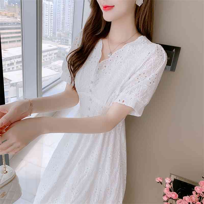 Lace embroidery Women's summer Temperament Slim Dress Robe Sexy V-Neck High Waist Fashion Office Lady 210520