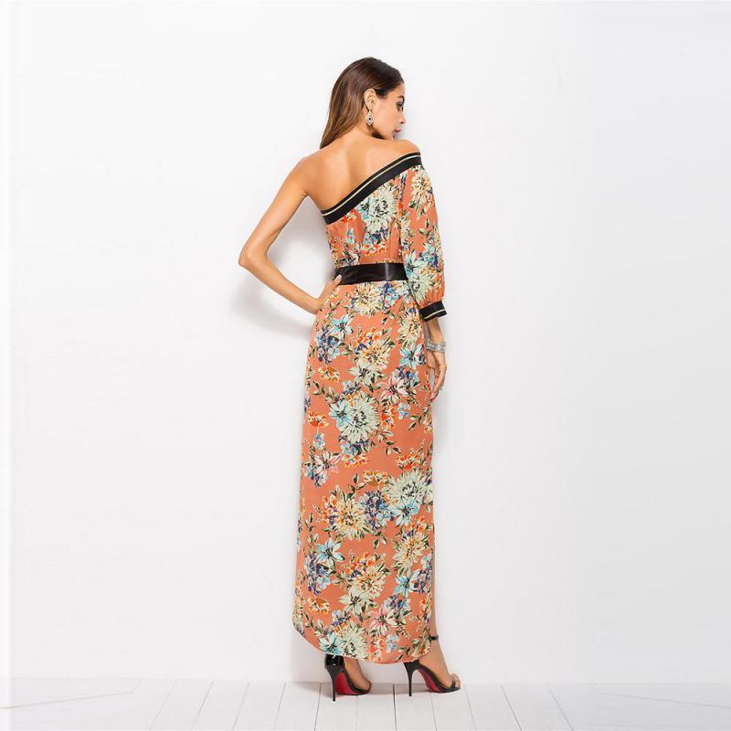 Women Dress Bohemian Print es One-Shoulder Split Lace Up Long Plus Size Sexy Flower Summer es 210513
