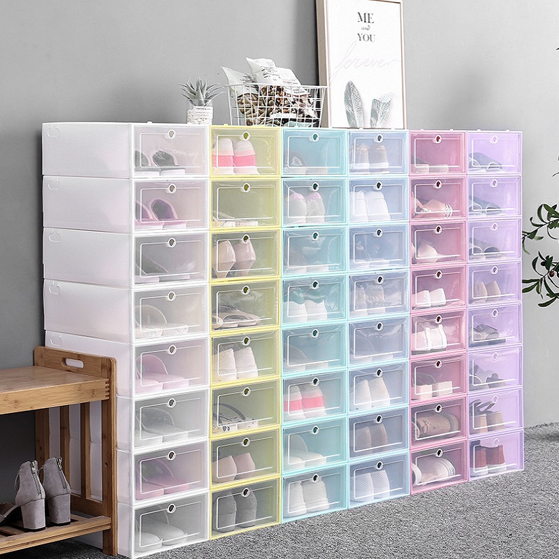 Clear plastic shoe storage box Thickened flip drawer Dustproof Sneaker Organizer High Heels Boxes Candy Color Stackable Shoes Containers Case