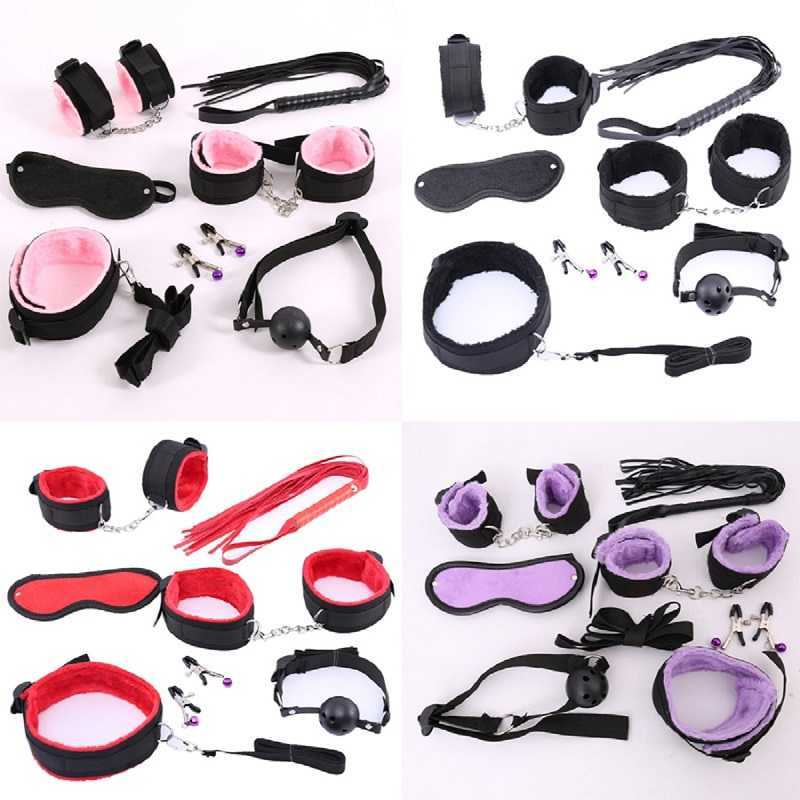 10 Pcs/set Sexy Lingerie PU Leather bdsm Bondage Set Hand Cuffs Footcuff Whip Rope Blindfold Erotic Toys For Couples 211013