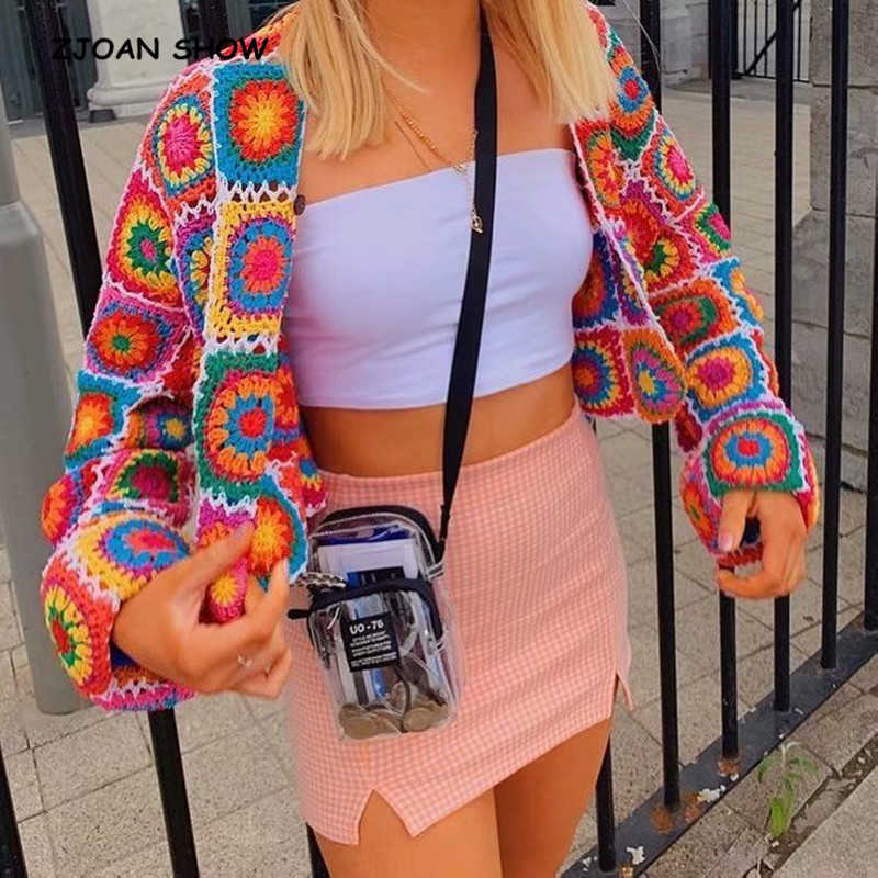 BOHO Colored Plaid Flower Hand Crochet Cardigan Vintage Woman V neck Long sleeve Center Buttons Sweater Knitwear Jumper 211014