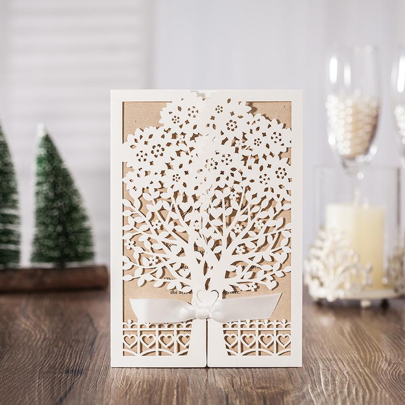 2021 Personalized Wedding Invitation Cards Flora Tree Laser Cut Ivory Color with Hollow Wedding Favors Chinese Party Cards
