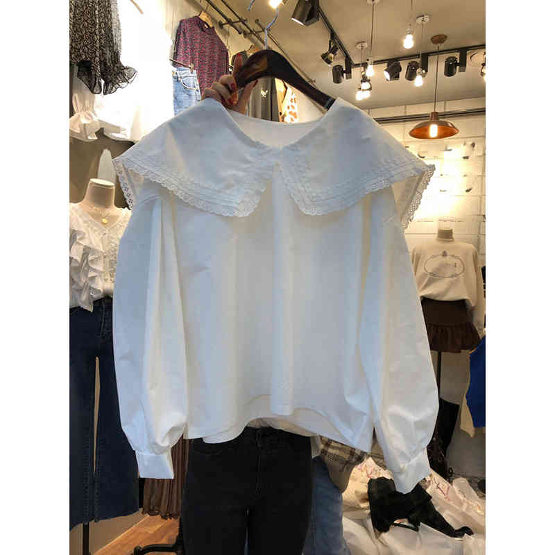 Nomikuma Women Doll Shirt Korean Causal Lantern Long Sleeve Blouse Sweet Autumn Peter Pan Collar Blusas Feminimos Top 6C730 210427