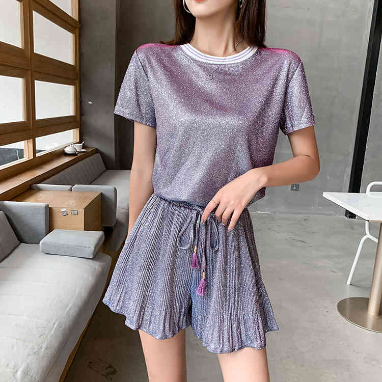 fashion Summer Two Piece Set Women O Neck Short Sleeve T-shirt top + casual Wide leg Shorts Suits Female 210519