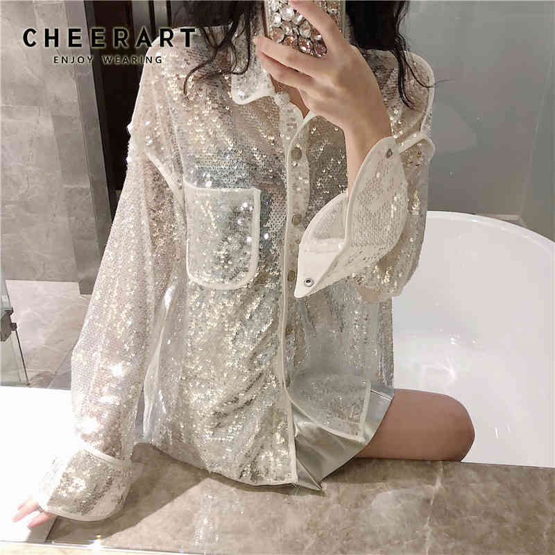 Bling Sequin Blouse Long Sleeve Shirt Women Loose Glitter White Black See Through Top Clubwear Clothes 210427