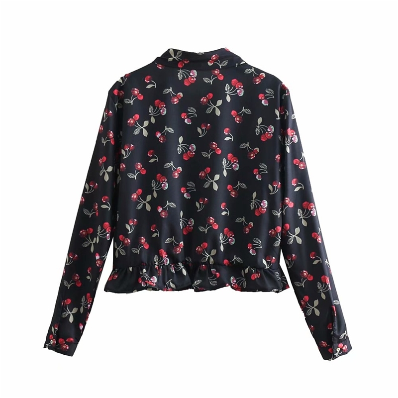Vintage Women Cherries Print Shirts Fashion Ladies Turn Down Collar Tops Streetwear Female Chic Ruffles Blouses 210430