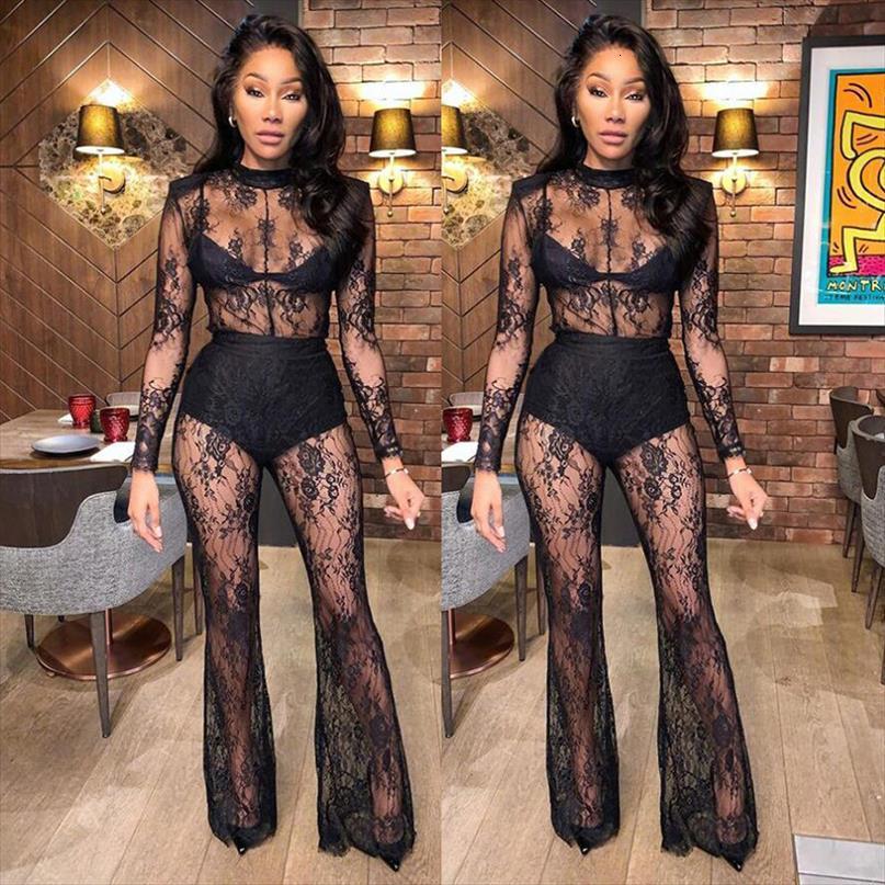 black floral lace see women romper through long sleeve mock neck flare pants rompers skinny night club party outfits, Black;white
black floral lace see women romper through long sleeve mock neck flare pants rompers skinny night club party outfits, Black;white