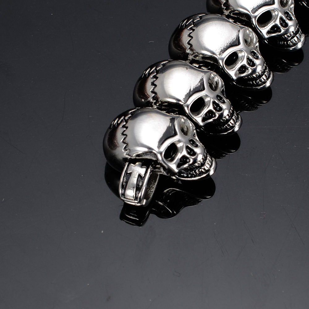 Large Heavy Mens Stainless Steel Skull Link Bracelet Biker Gothic Silver Color High Polished 8.5 Inches