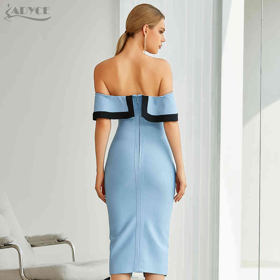 Summer Women Off Shoulder Midi Club Bandage Dress Sexy Buttons Blue Bodycon Celebrity Evening Runway Party 210423
