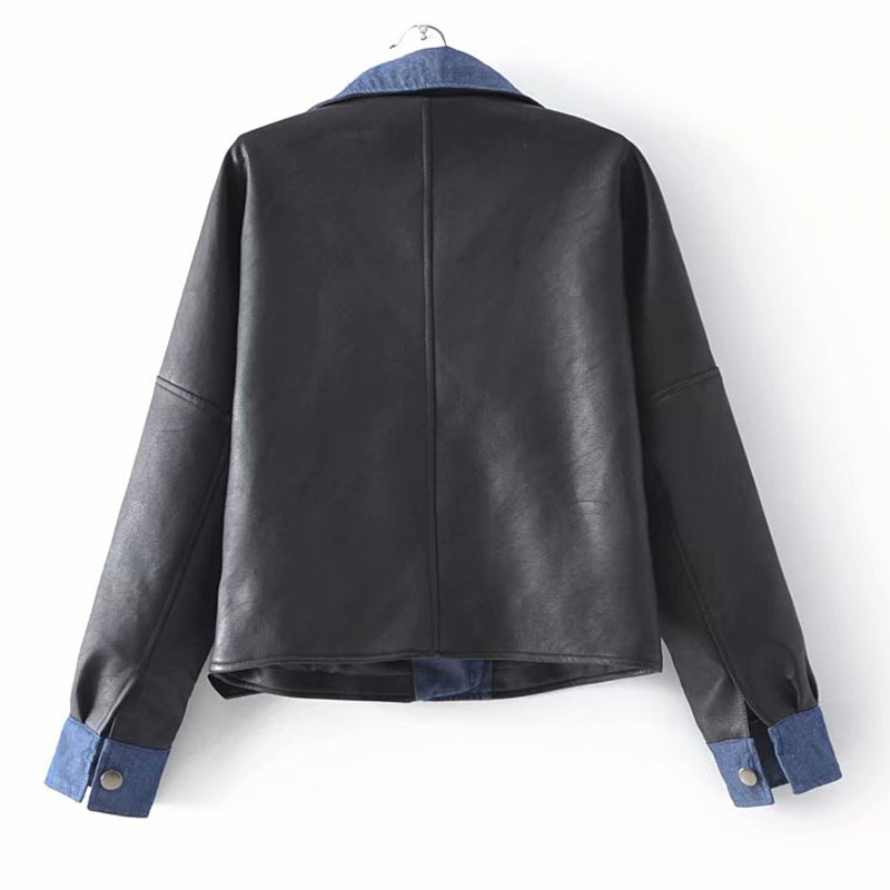 Women's Stylish PU Leather Jacket: Long Sleeve Windproof Black Denim Ing Hem Coat