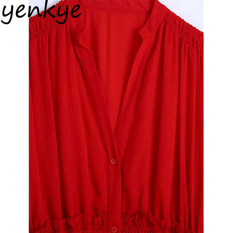 Spring Women Elastic Waist Red Dress Female Short Sleeve V Neck A-line Chiffon Long Party vestido 210430