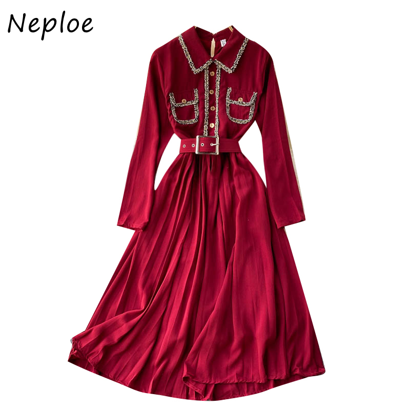 Neploe Vintage Court Style Temperament Dress Women High Waist Hip Sashes Vestidos Turn Down Collar Long Sleeve Robe Red Dresses 210422