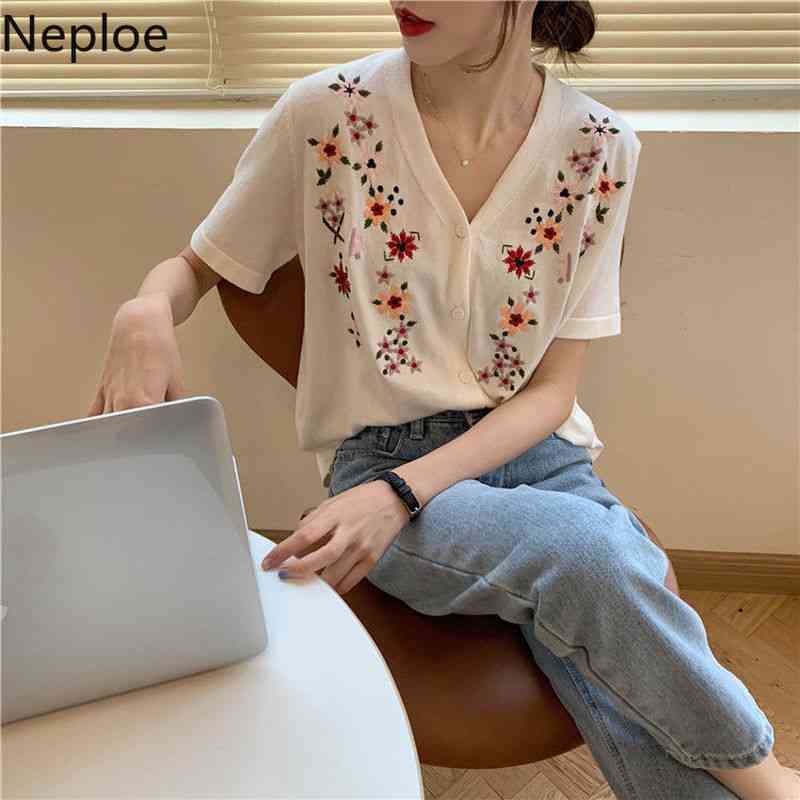 Neploe Women Sweater Coat Summer V Neck Embroidery Knitted Cardigan Jacket Short Sleeve Single Breasted Thin Vintage Tops 4l165 210422
