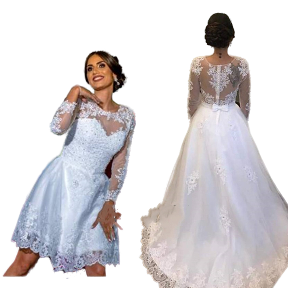 Long Sleeves Two Pieces Wedding Dress 2022 With Flowers Lace Appliqued A Line White Ivory Tulle Bride Dresses Robe De Mariee Garden Bridal Gowns Jewel