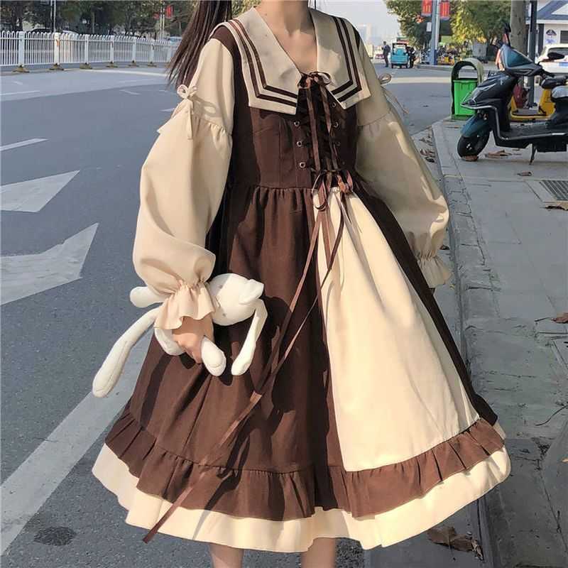 Japan navy collar dress female preppy style small girl fresh Kawaii sweet Lolita long skirt ss lovely women streetwear 210526