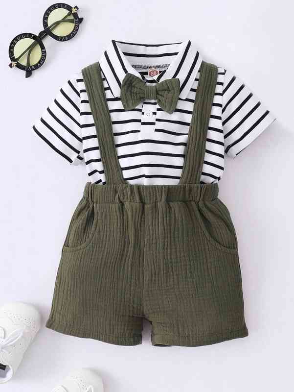 Baby Striped Bow Front Polo Shirt & Suspender Shorts SHE