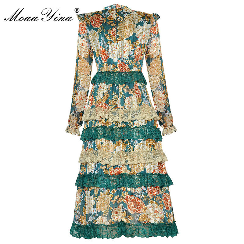 Fashion dress Spring Women Dress Mesh Long sleeve Beaded Vintage Floral Print Lace Cascading Ruffle Chiffon Dresses 210524