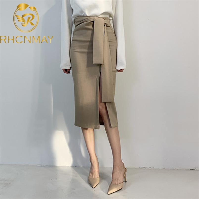 Women Elegant Sheath Wrap Skirts Front Split Korean OL Style High Waist Chic Work Wear Drawing 210506