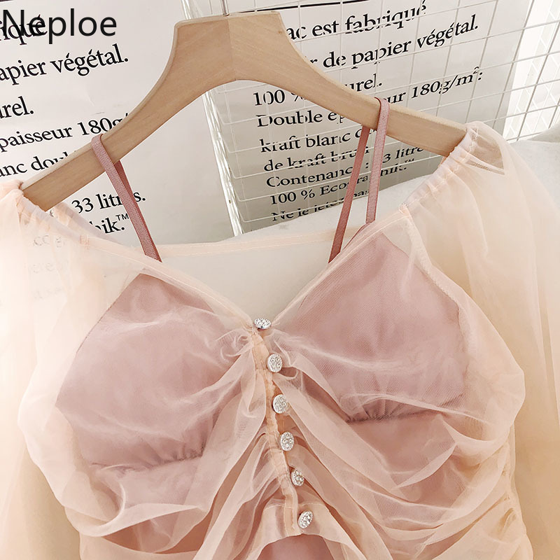 Neploe Summer Sweet Outfits Blusas Womens Gauze V-neck Shirt Sling Crop Tops Korean Fashuin Suit Femme Roupas 2 Piece Set 95318 210422