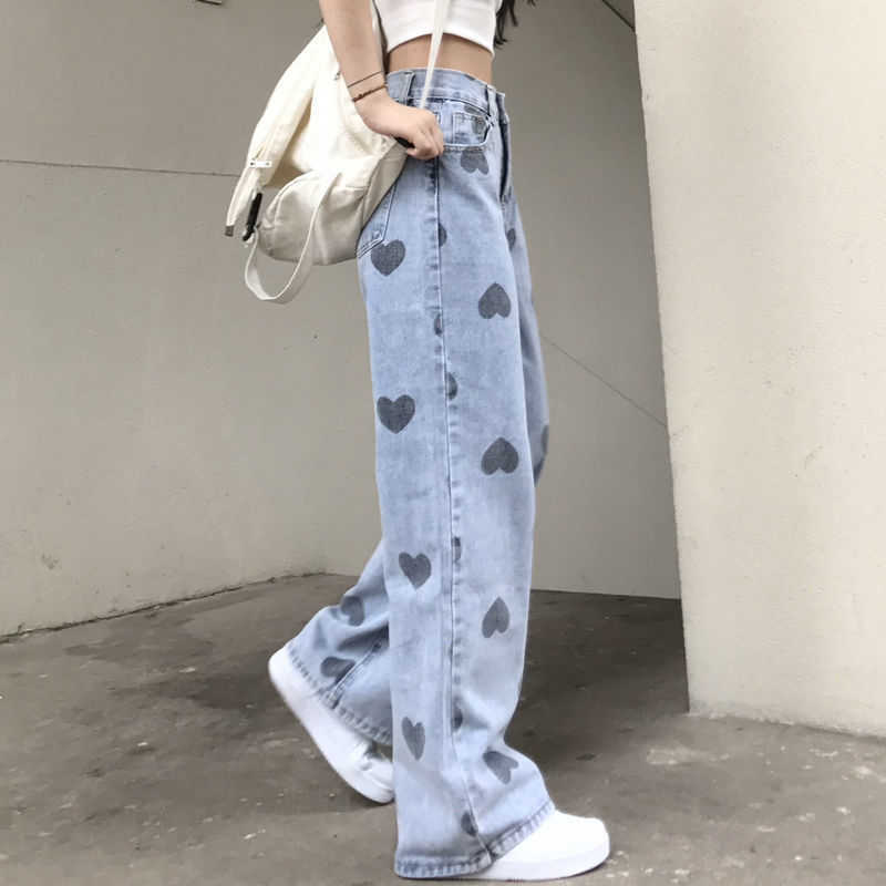 Heart Printing Jeans Women's Summer Fat Sister Large Size High Waist Loose Straight-Leg Wide-Leg Pants Fashion 210922