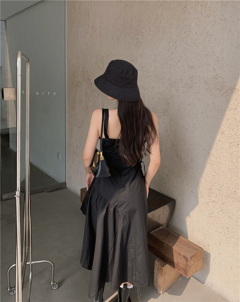 Vintage Fashion Women Streetwear Irregular Sundress Suspenders Casual Black Bandage Dress Sleeveless Slim 210519