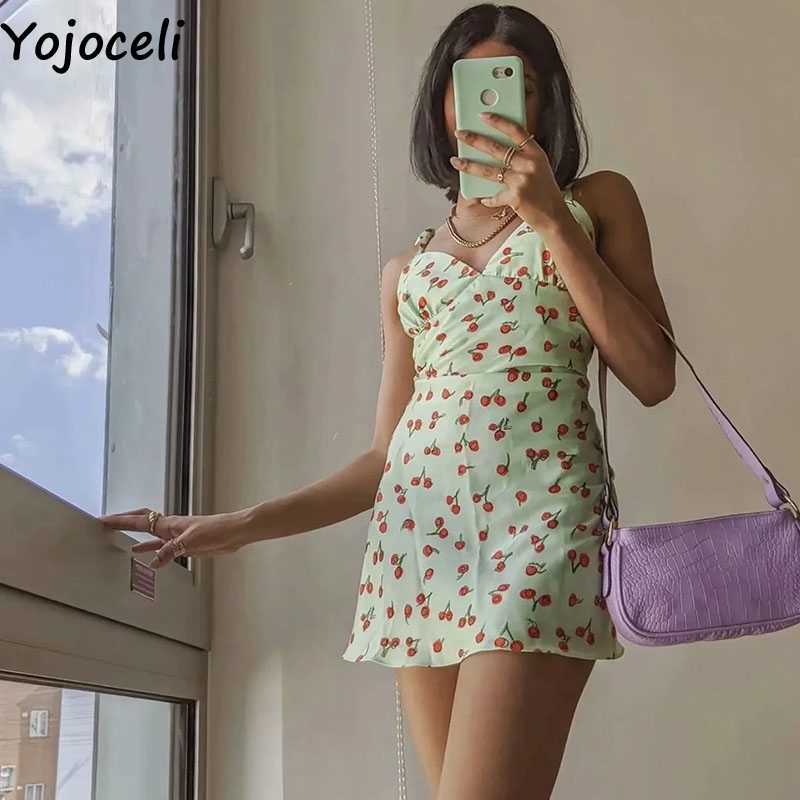 Yojoceli Elegant sexy chery bow dres Summer short strap beach sun Casual print female daily vestidos 210609