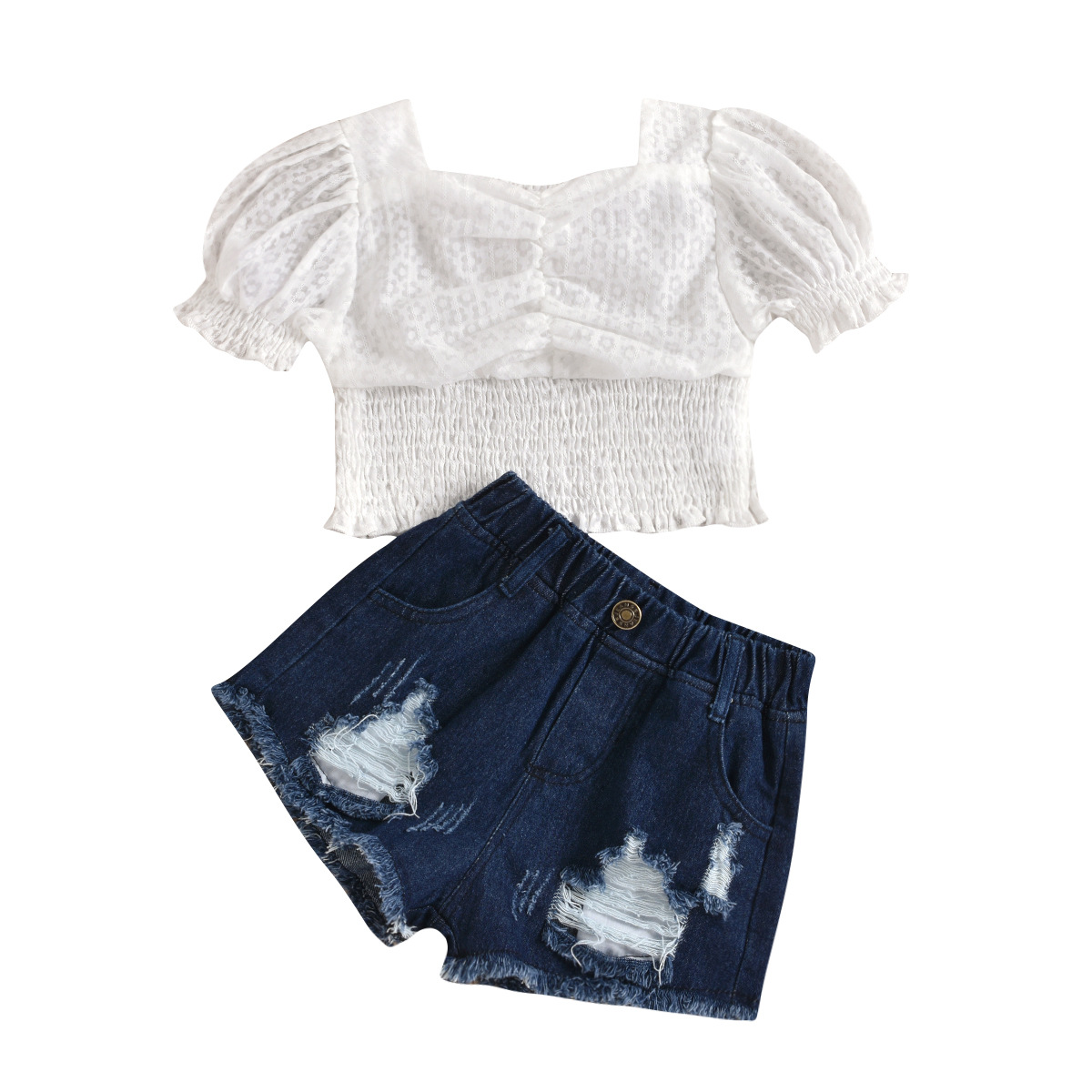 INS Summer Kids Girls Clothing Sets Lace Floral Puff Sleeve T Shirts Tops Hole Denim Shorts Outfits, White
INS Summer Kids Girls Clothing Sets Lace Floral Puff Sleeve T Shirts Tops Hole Denim Shorts Outfits, White