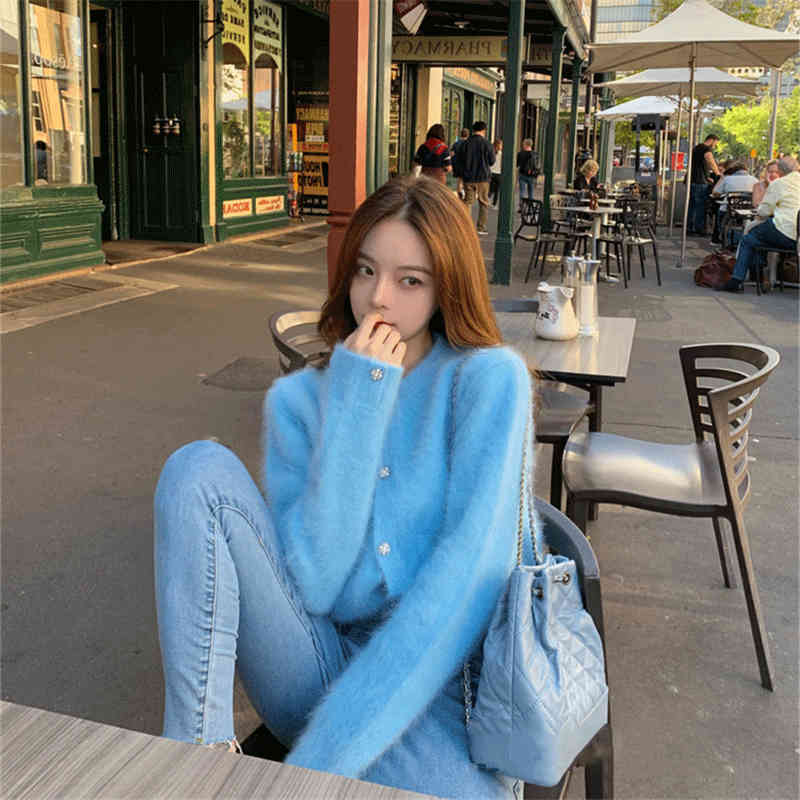 Elegant Cashmere Cropped Cardigan Knitted Sweater Coat Women Kawaii Ladies Streetwear Button Up Solid Kardigany Damski 210519