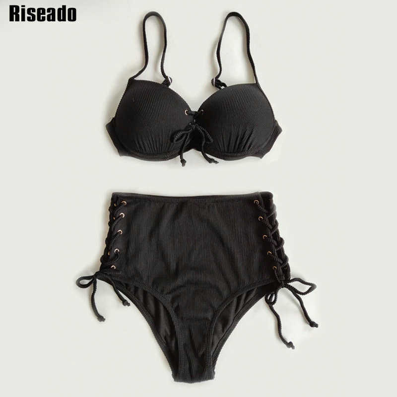 Riseado High Waist Bikini Push Up Swimwear Women's Swimsuit Yellow Bikinis Lace Sexy Biquini Strap Bathing Suit Summer 210625