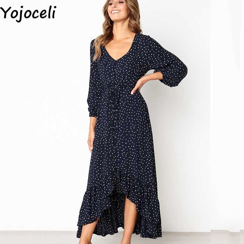 Yojoceli Sexy long ruffle button dres Polka dot sashes summer beach female Casual cool daily maxi vestidos 210609