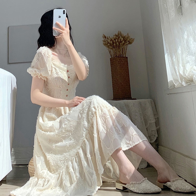 French Elegant Dress Women Button Lace Square Collar Dress Evening Party Vintage Sweet Female Summer Dress Korean 210521