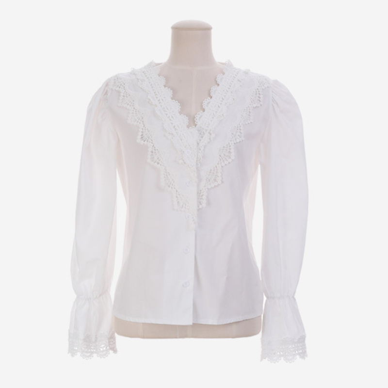 Cotton Lace Women's Blouse Fashion Korean Style Shirts V-neck Long Sleeve Shirt Puff Sweet Top Female 11013 210427