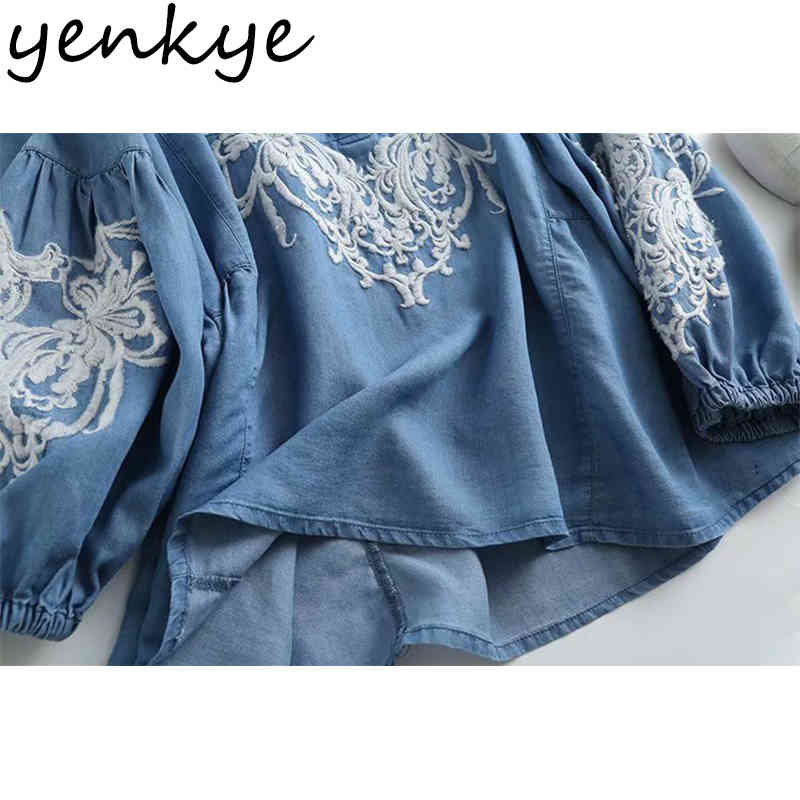 Floral Embroidery Vintage Blue Denim Shirt Blouse Women O Neck Lantern Sleeve Casual Plus Size Tops Summer Blusas 210430